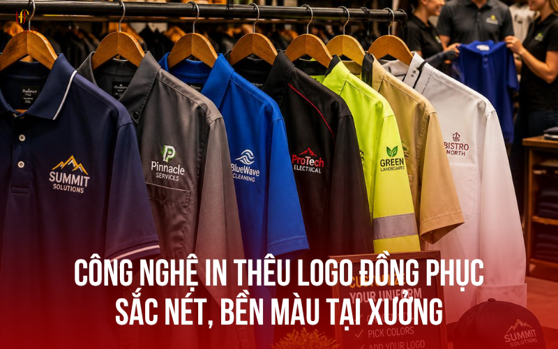 Công nghệ in thêu logo đồng phục sắc nét, bền màu tại xưởng