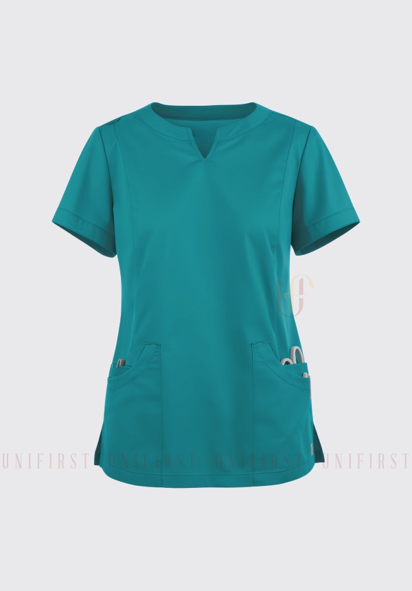 Áo Scrubs màu xanh lam cổ V xẻ