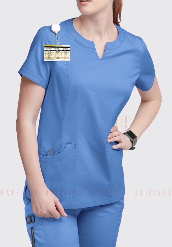 Áo y tá may sẵn màu xanh da trời cổ V xẻ