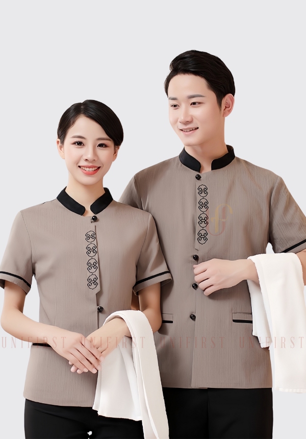 Đồng phục tạp vụ màu nâu viền đen